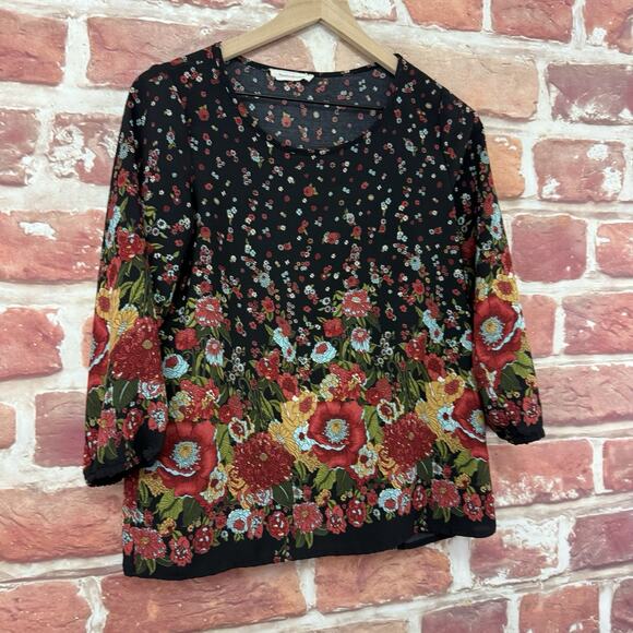 Newbury Kustom Top Women's Small Black Multicolor Flower Bomb Casual Shirt - Picture 2 of 9